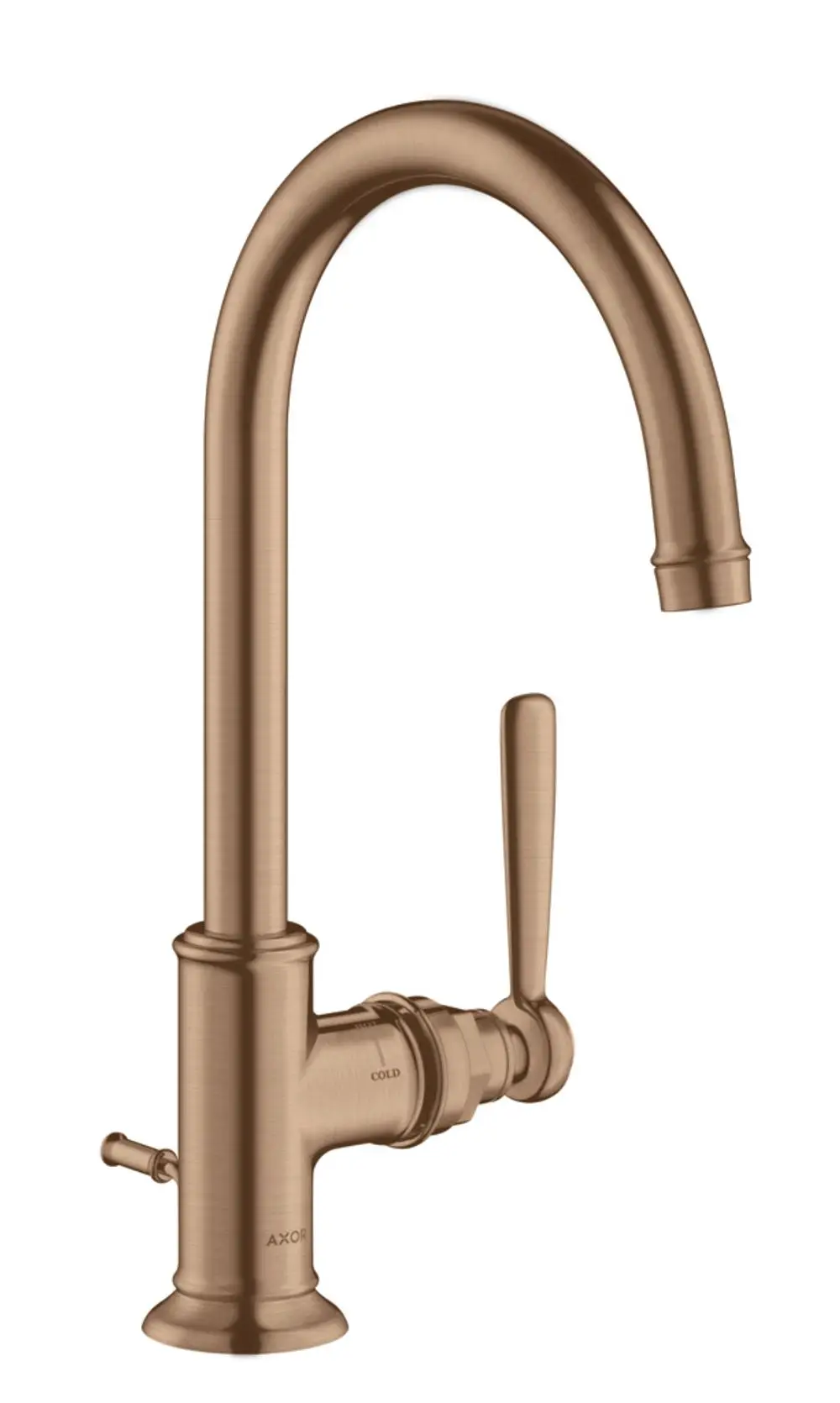 Ein Waschtischmischer in gebürstetem Rotgold von AXOR mit einem hohen, geschwungenen Auslauf und einem seitlichen Hebelgriff zur Wassersteuerung.